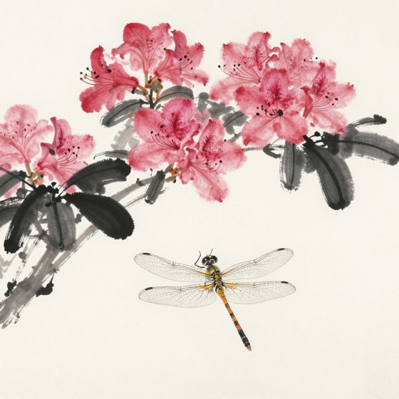 蜻蜓停杜鹃